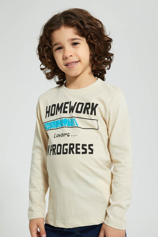 Redtag-Beige-Home-Work-Print-Longsleeve-Tshirt-Long-Sleeves-Boys-2 to 8 Years