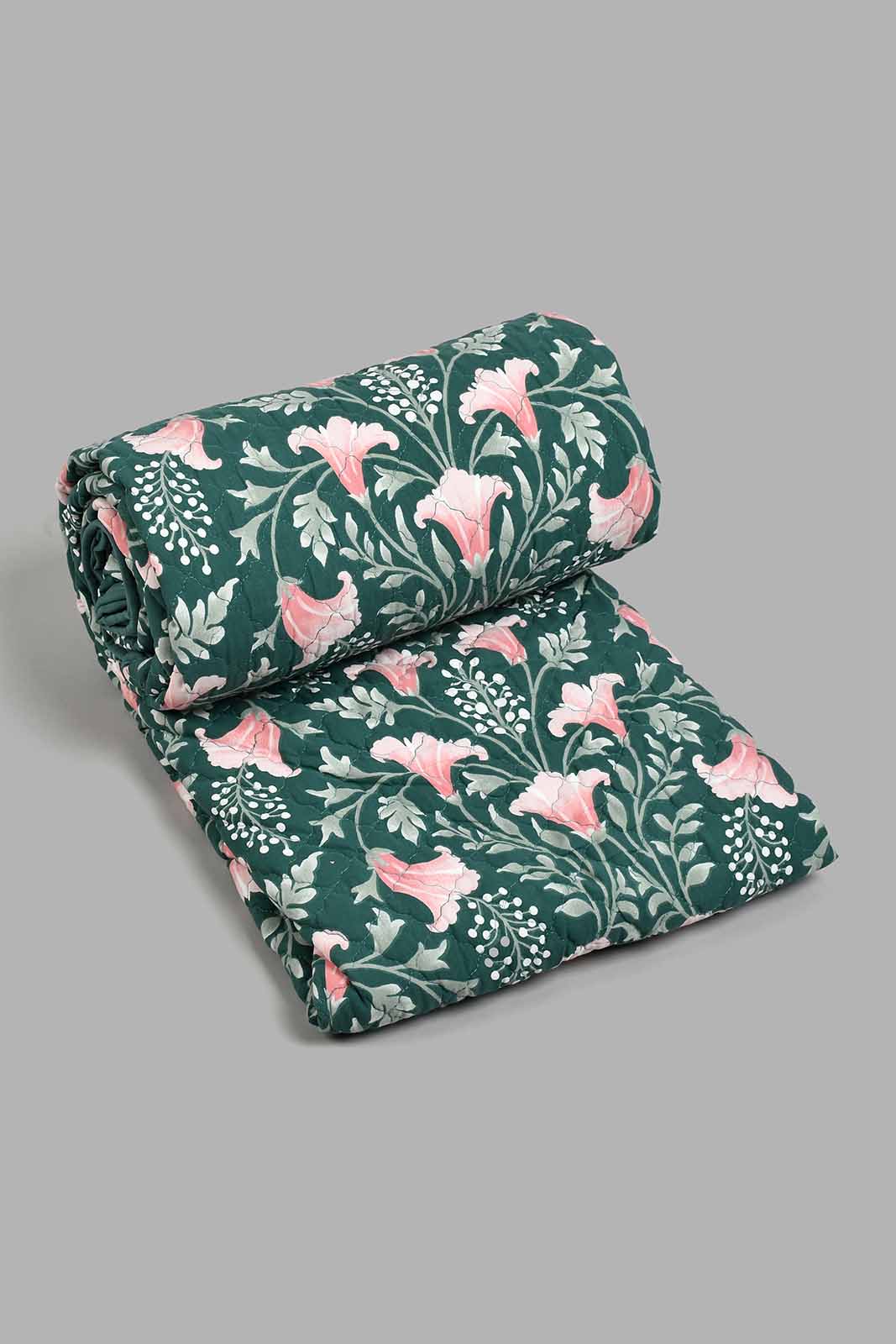 Redtag-Green-2-Piece-Floral-Printed-Quilt-Set-
(Single-Size)-Quilts-Home-Bedroom-