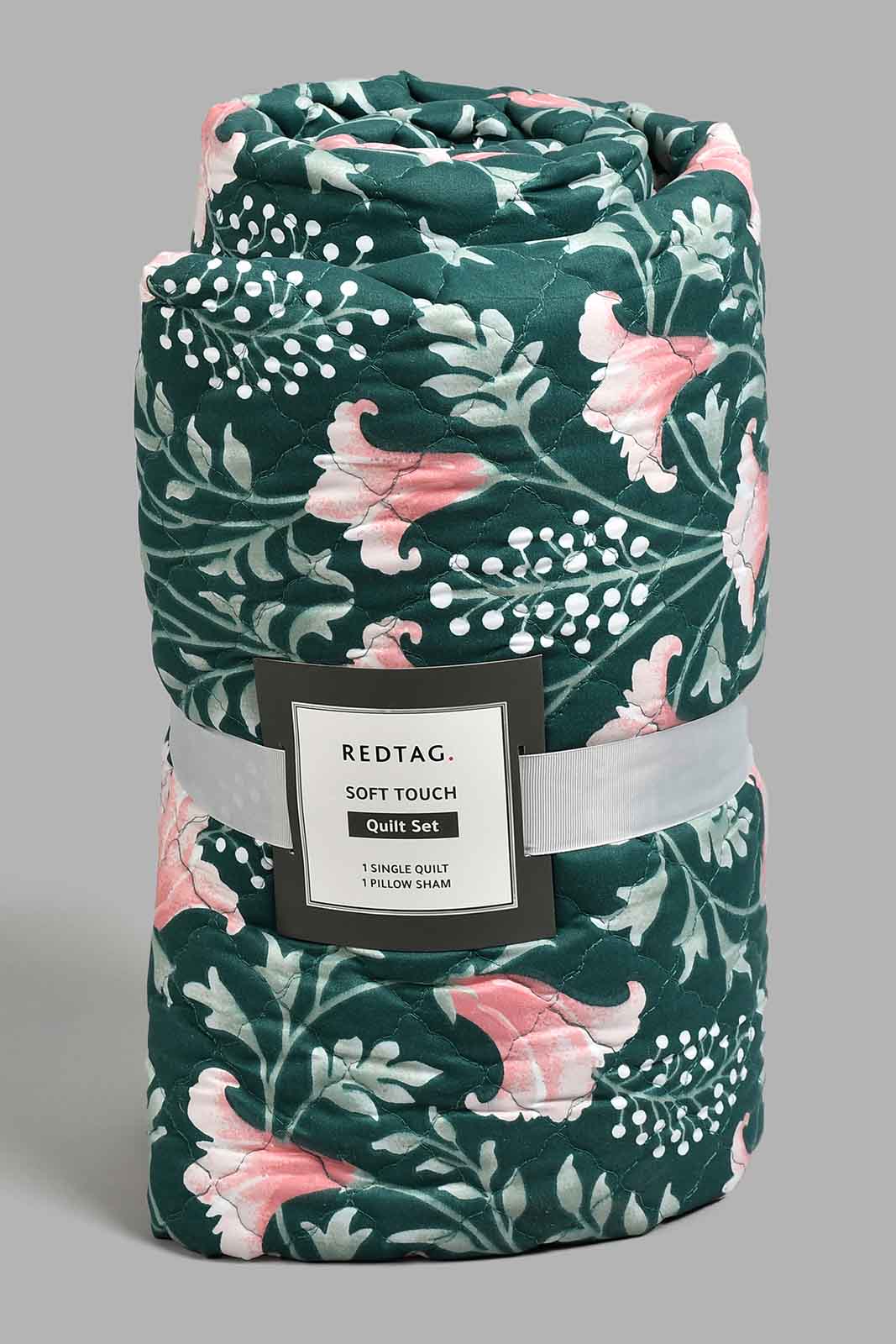 Redtag-Green-2-Piece-Floral-Printed-Quilt-Set-
(Single-Size)-Quilts-Home-Bedroom-