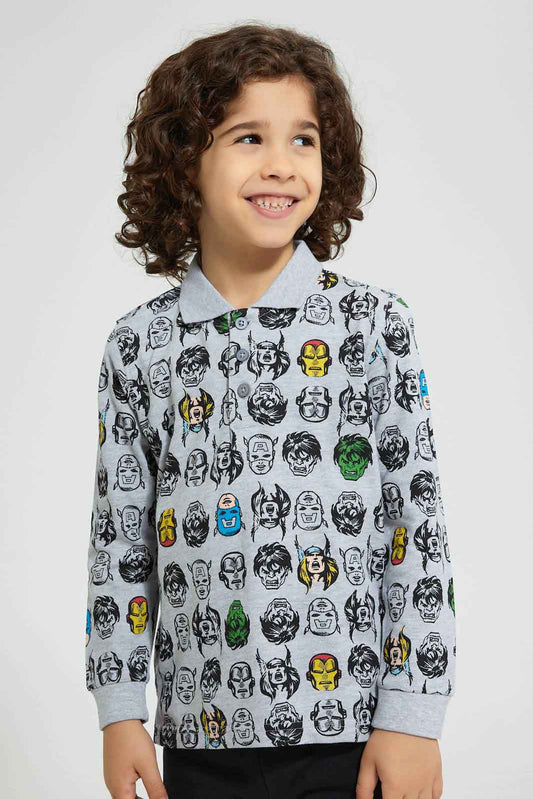 Redtag-Grey-Marl-Marvel-Printed-Polo-Shirt-Polo-Shirts-Boys-2 to 8 Years