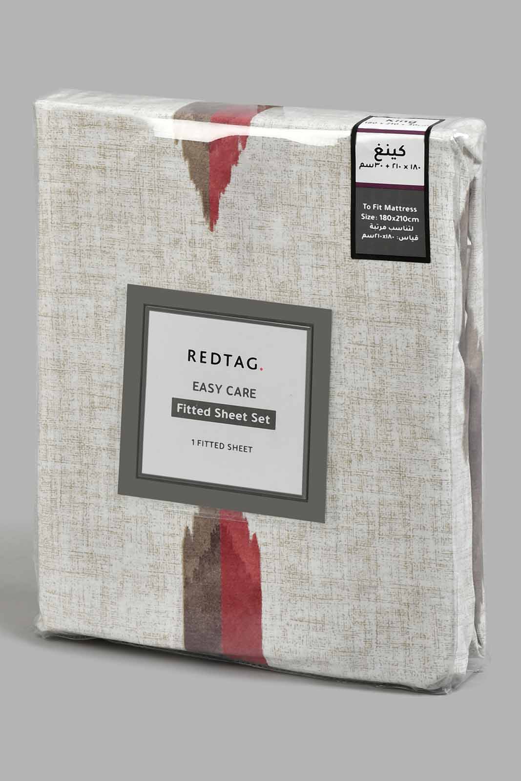 Redtag-Off-White/Rust-Geometric-Printed-Fitted-Sheet-(King-Size)-Fitted-Sheets-Home-Bedroom-