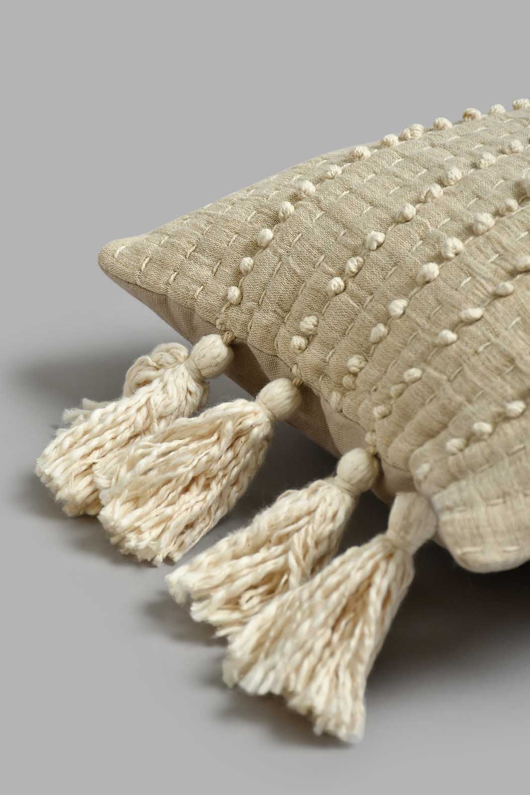 Redtag-Beige-Hand-Capped-Embroidery-Cushion-With-Tassels-BED-PHANTASMAGORIA-3,-Colour:Beige,-Filter:Home-Bedroom,-HMW-BED-Cushions,-New-In,-New-In-HMW-BED,-Non-Sale,-S22A,-Section:Homewares-Home-Bedroom-