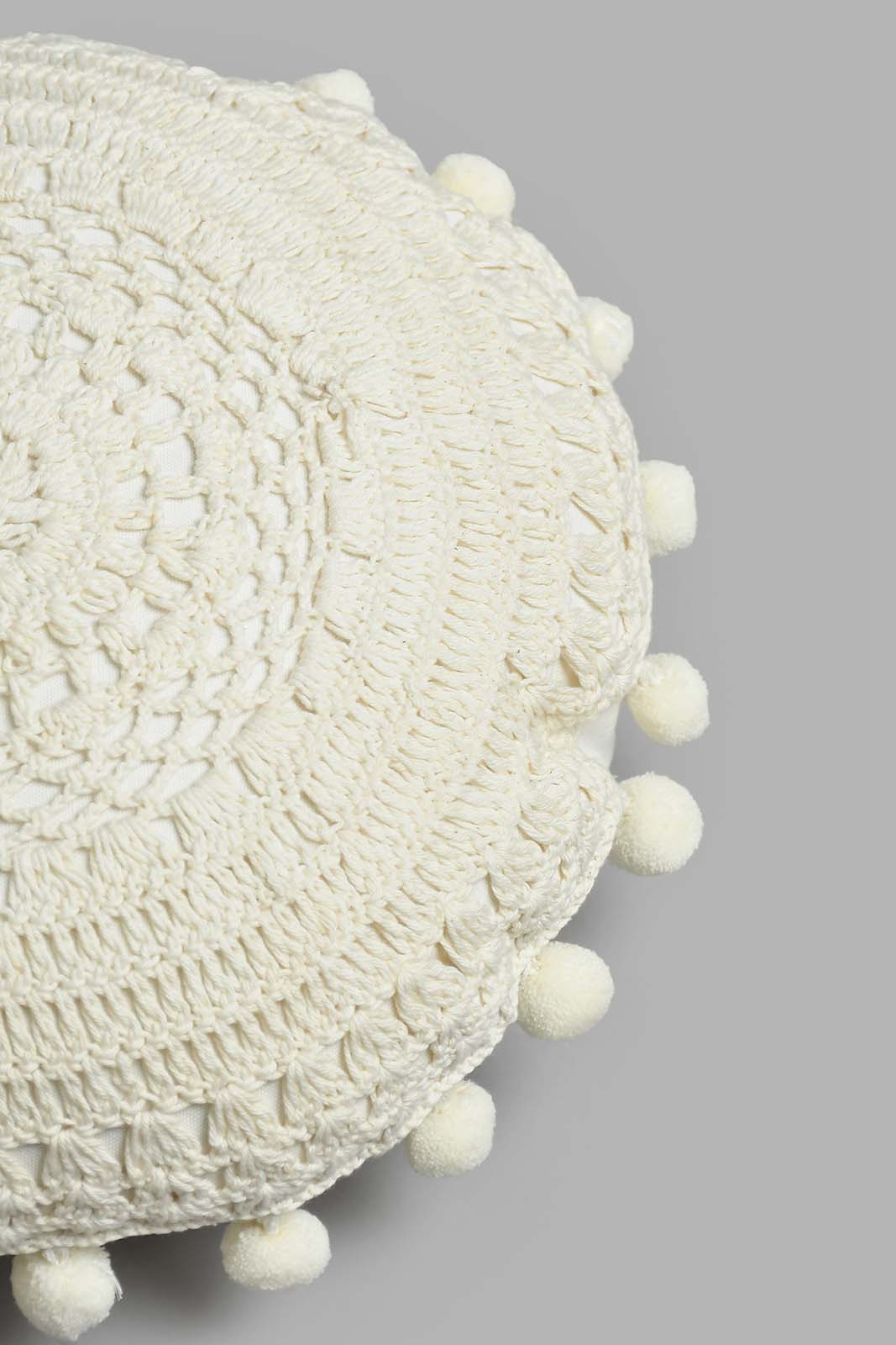 Redtag-Beige-Hand-Crochet-Work-Embroidery-Cushion-With-Pom-Pom-BED-PHANTASMAGORIA-3,-Colour:Beige,-Filter:Home-Bedroom,-HMW-BED-Cushions,-New-In,-New-In-HMW-BED,-Non-Sale,-S22A,-Section:Homewares-Home-Bedroom-