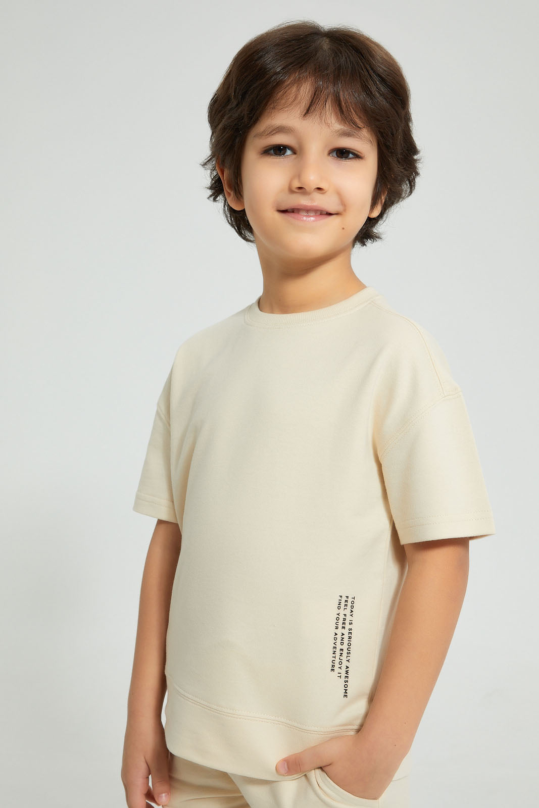 Redtag-Beige-Oversized-T-Shirt-Graphic-Prints-Boys-2 to 8 Years