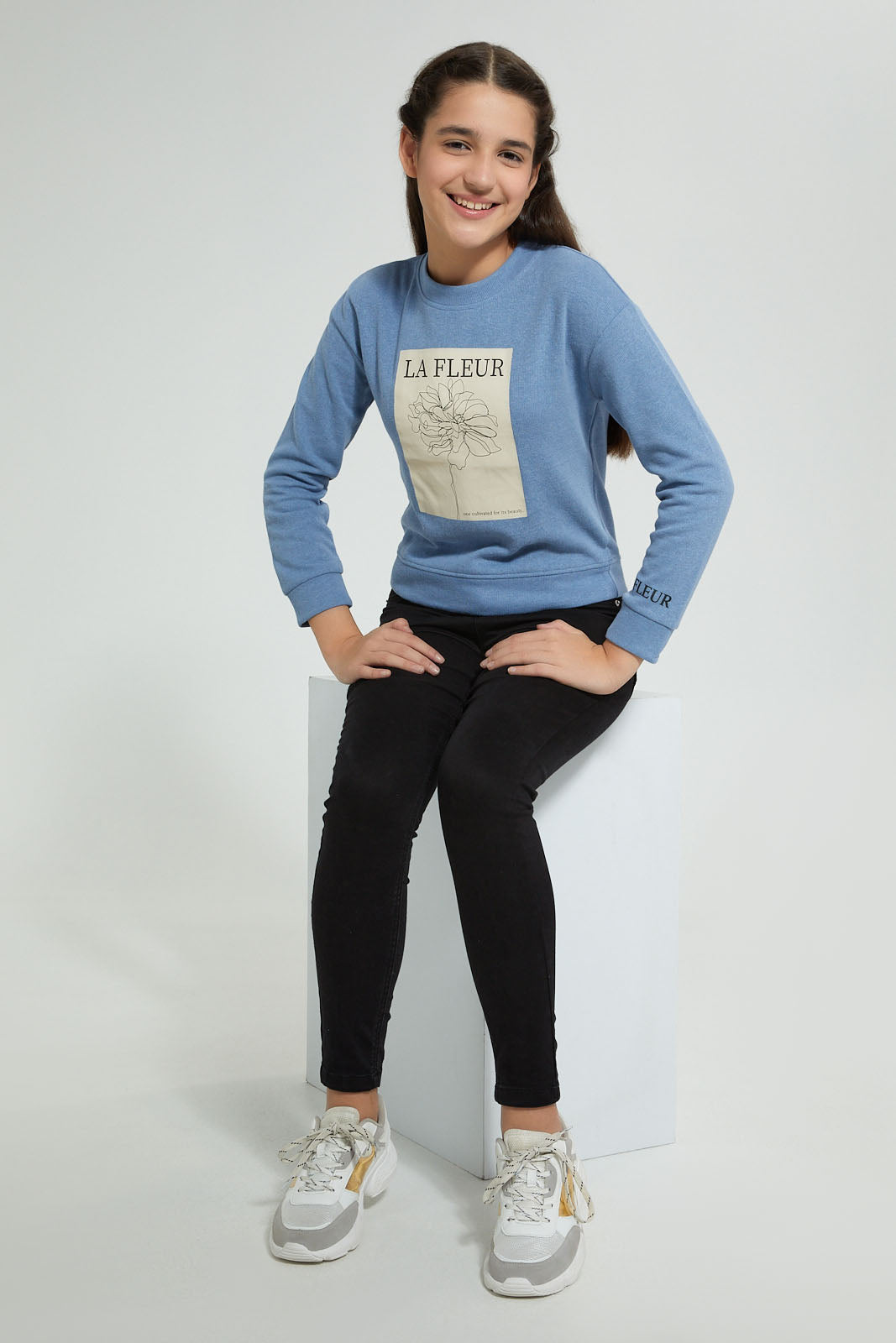 Redtag-Blue-Photographic-Highneck-Brushed-Sweatshirt-Sweatshirts-Senior-Girls-9 to 14 Years