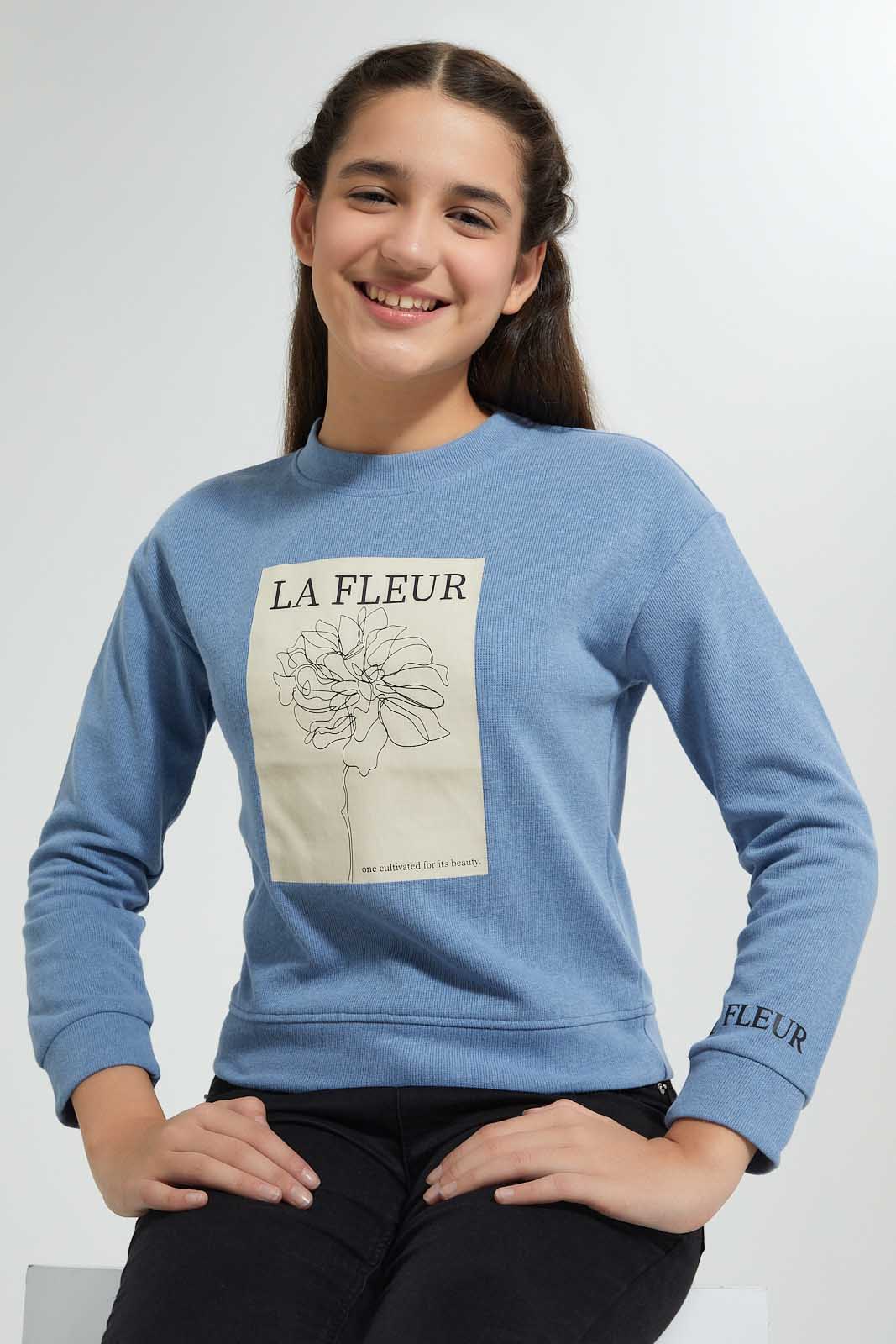 Redtag-Blue-Photographic-Highneck-Brushed-Sweatshirt-Sweatshirts-Senior-Girls-9 to 14 Years