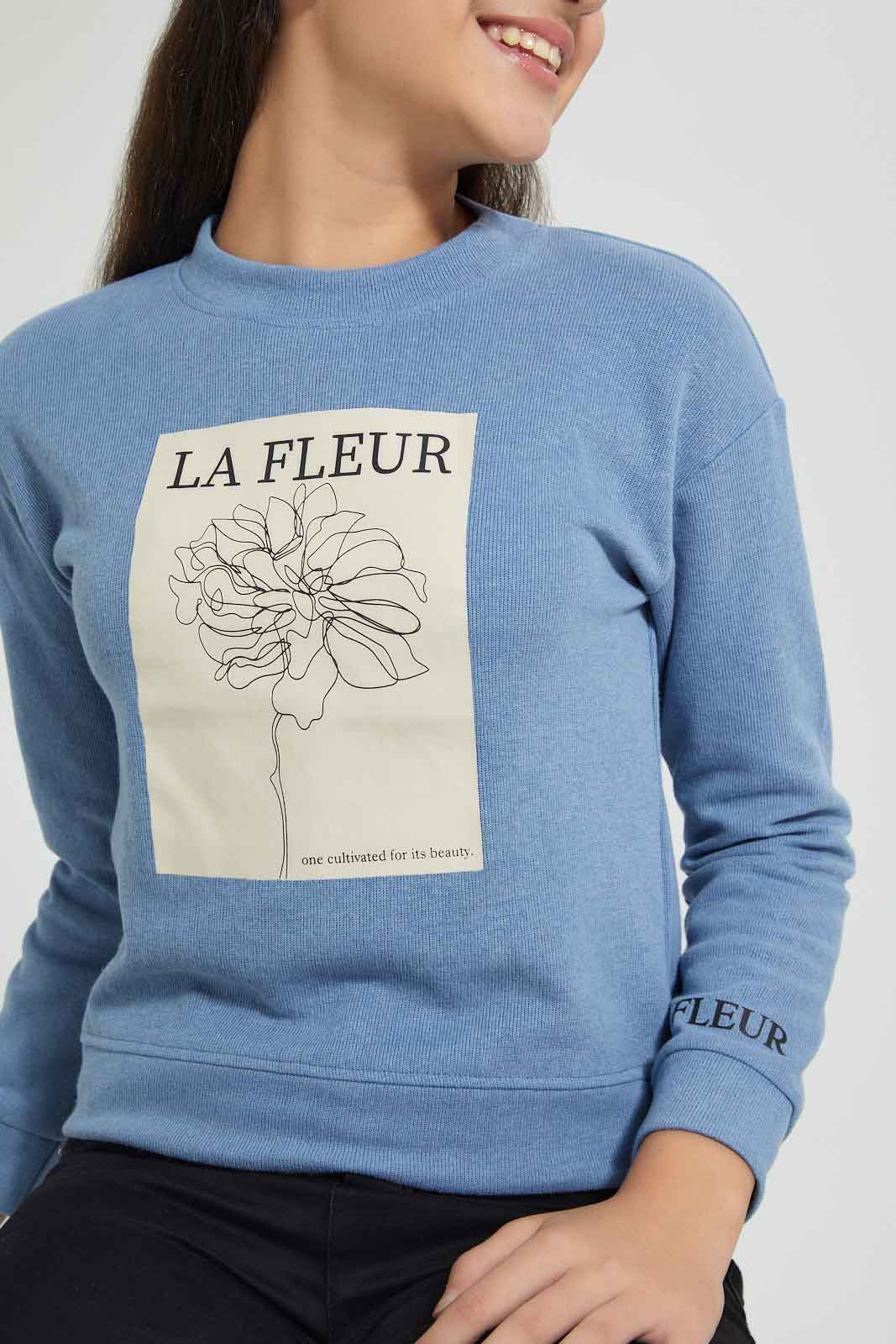 Redtag-Blue-Photographic-Highneck-Brushed-Sweatshirt-Sweatshirts-Senior-Girls-9 to 14 Years