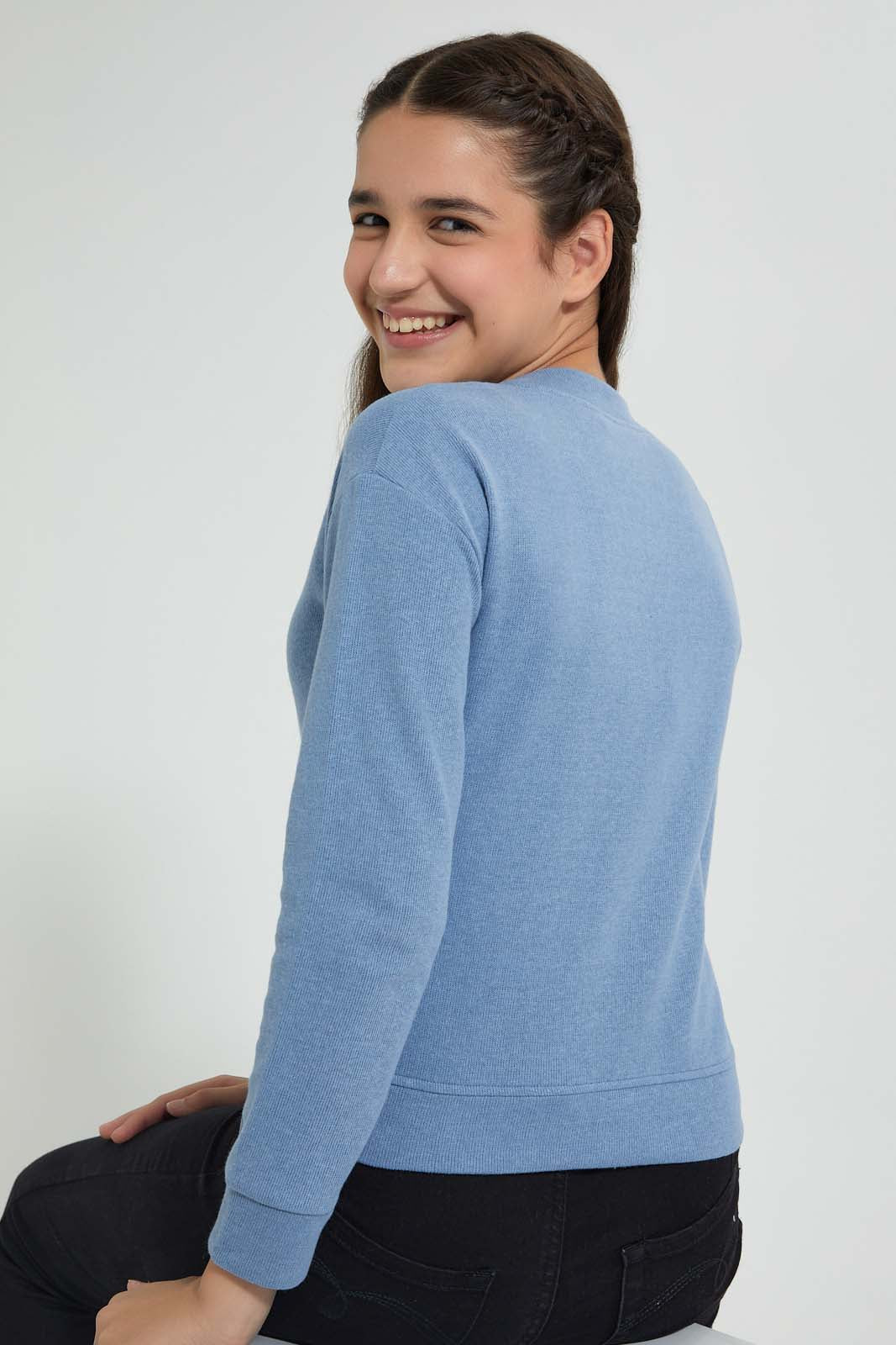 Redtag-Blue-Photographic-Highneck-Brushed-Sweatshirt-Sweatshirts-Senior-Girls-9 to 14 Years