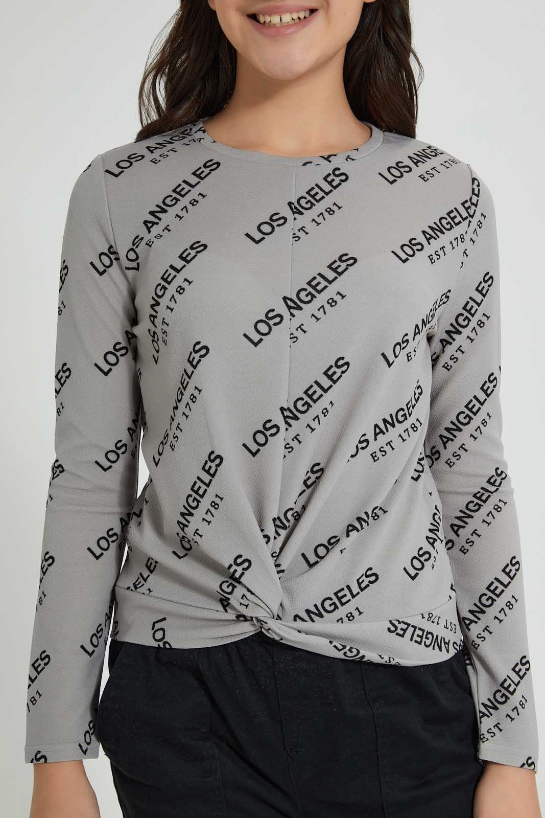 Redtag-Long-Sleeve-Front-Knot-Jacquard-Top-All-Over-Prints-Senior-Girls-9 to 14 Years