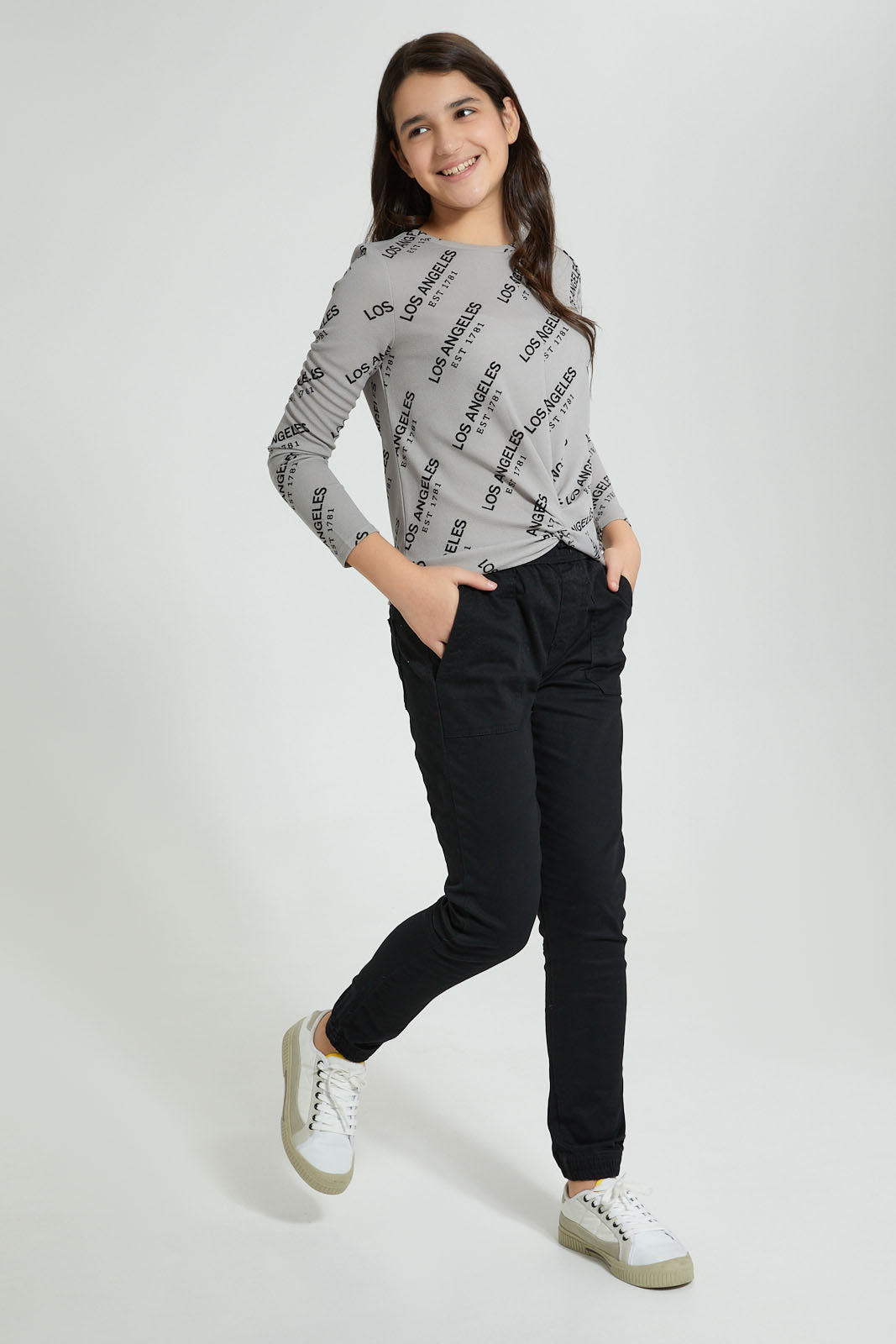 Redtag-Long-Sleeve-Front-Knot-Jacquard-Top-All-Over-Prints-Senior-Girls-9 to 14 Years