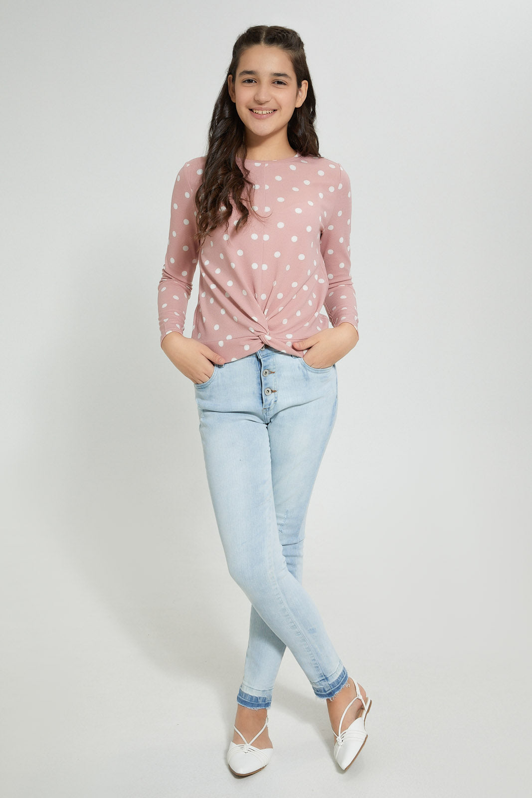 Redtag-L/S-Front-Knot-Jacquard-Top-Long-Sleeves-Senior-Girls-9 to 14 Years