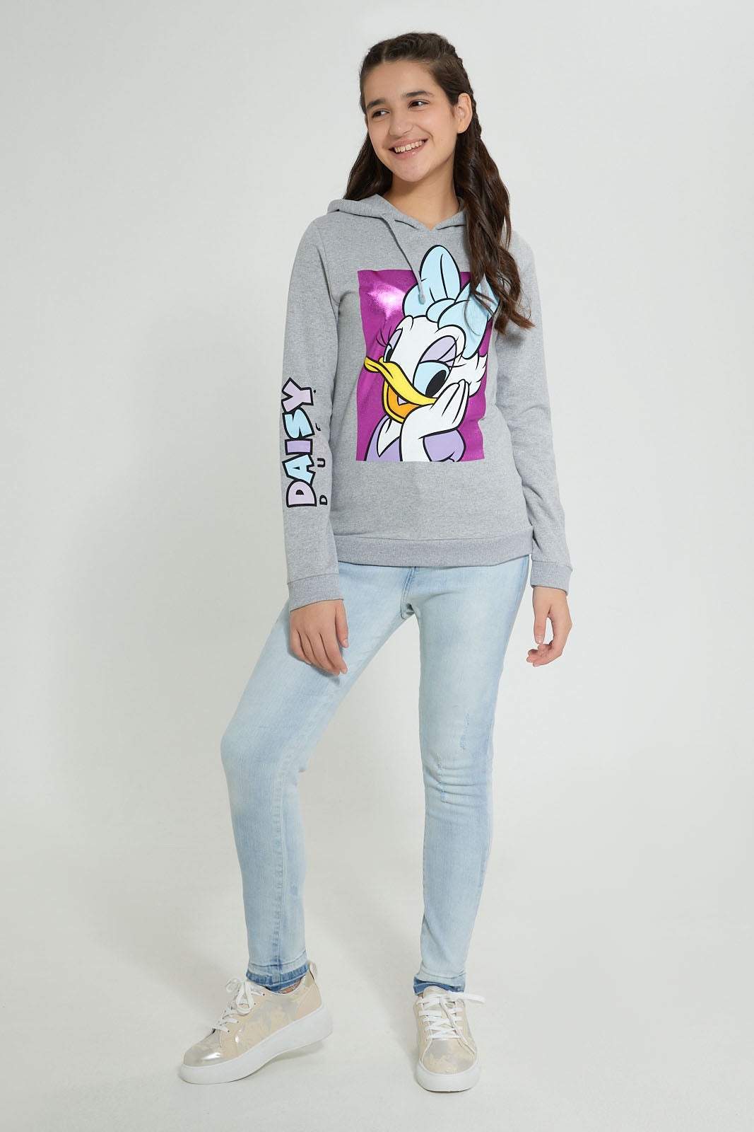 Redtag-Grey-Melange-Daisy-Duck-Hooded-Sweatshirt-Sweatshirts-Senior-Girls-9 to 14 Years