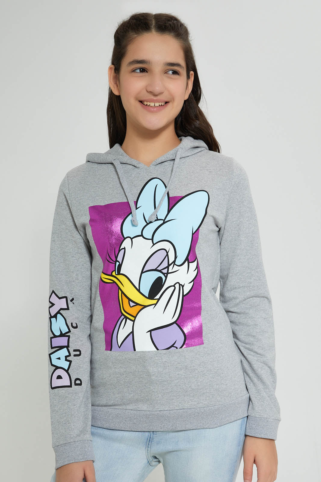 Redtag-Grey-Melange-Daisy-Duck-Hooded-Sweatshirt-Sweatshirts-Senior-Girls-9 to 14 Years