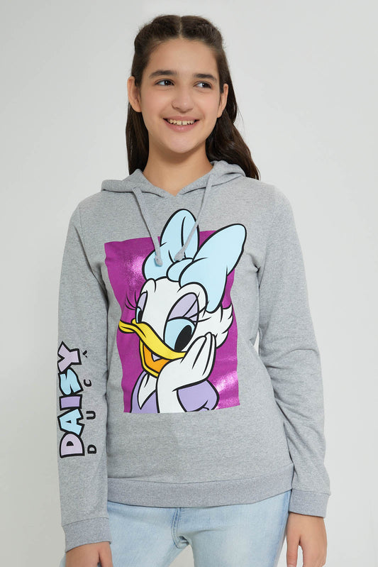 Redtag-Grey-Melange-Daisy-Duck-Hooded-Sweatshirt-Sweatshirts-Senior-Girls-9 to 14 Years