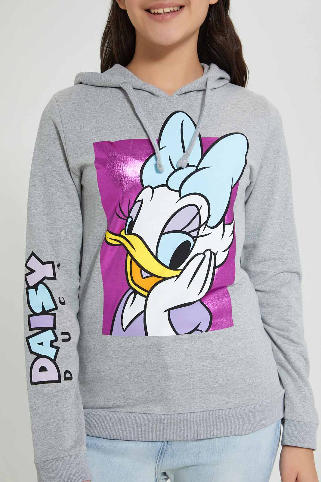 Redtag-Grey-Melange-Daisy-Duck-Hooded-Sweatshirt-Sweatshirts-Senior-Girls-9 to 14 Years