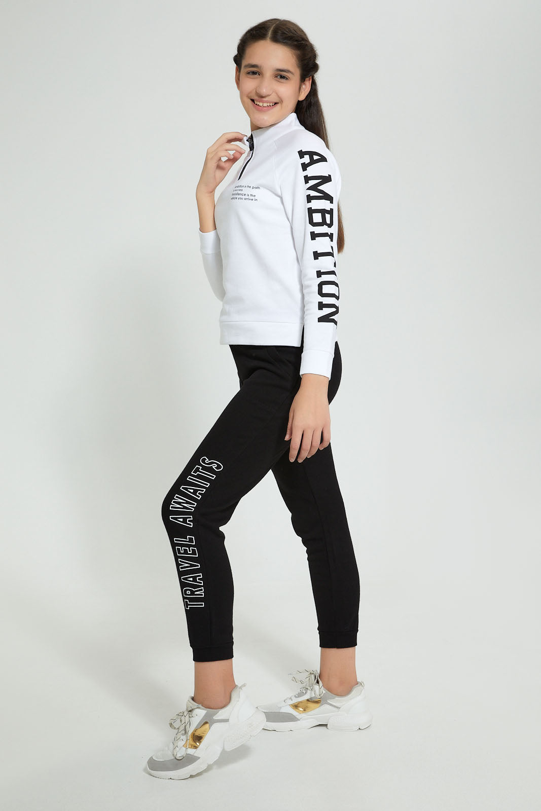 Redtag-Black-Brushed-Jogger-Pant-With-Print-Cargo-Pants-Senior-Girls-9 to 14 Years