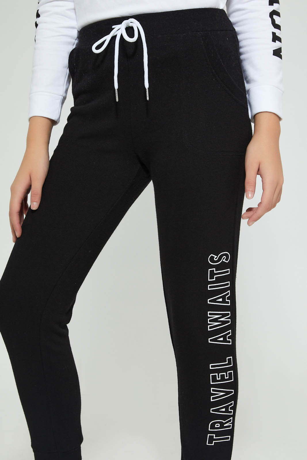Redtag-Black-Brushed-Jogger-Pant-With-Print-Cargo-Pants-Senior-Girls-9 to 14 Years