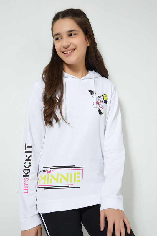 Redtag-White-Minnie-Mouse-Hooded-Sweatshirt-Sweatshirts-Senior-Girls-9 to 14 Years