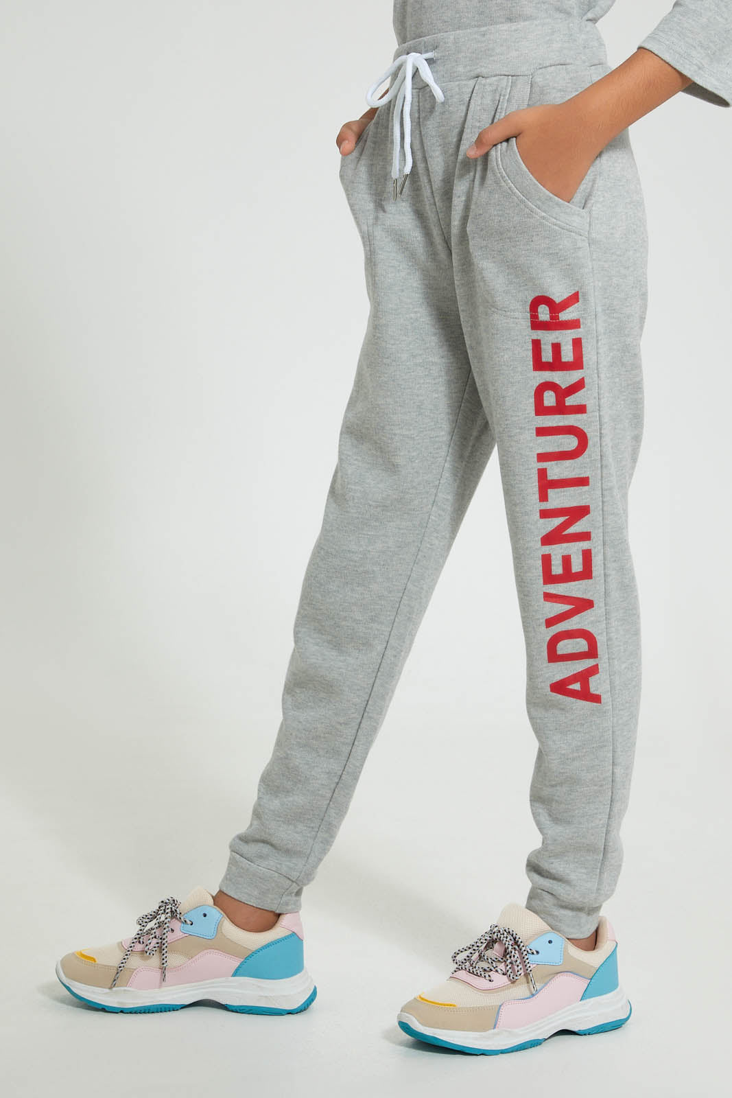 Redtag-Grey-Melange-Brsuhed-Jogger-Pant-With-Print-Cargo-Pants-Senior-Girls-9 to 14 Years
