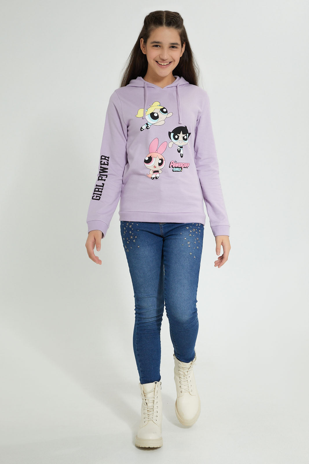 Redtag-Purple-Power-Puff-Girls-Hooded-Sweatshirt-Sweatshirts-Senior-Girls-9 to 14 Years
