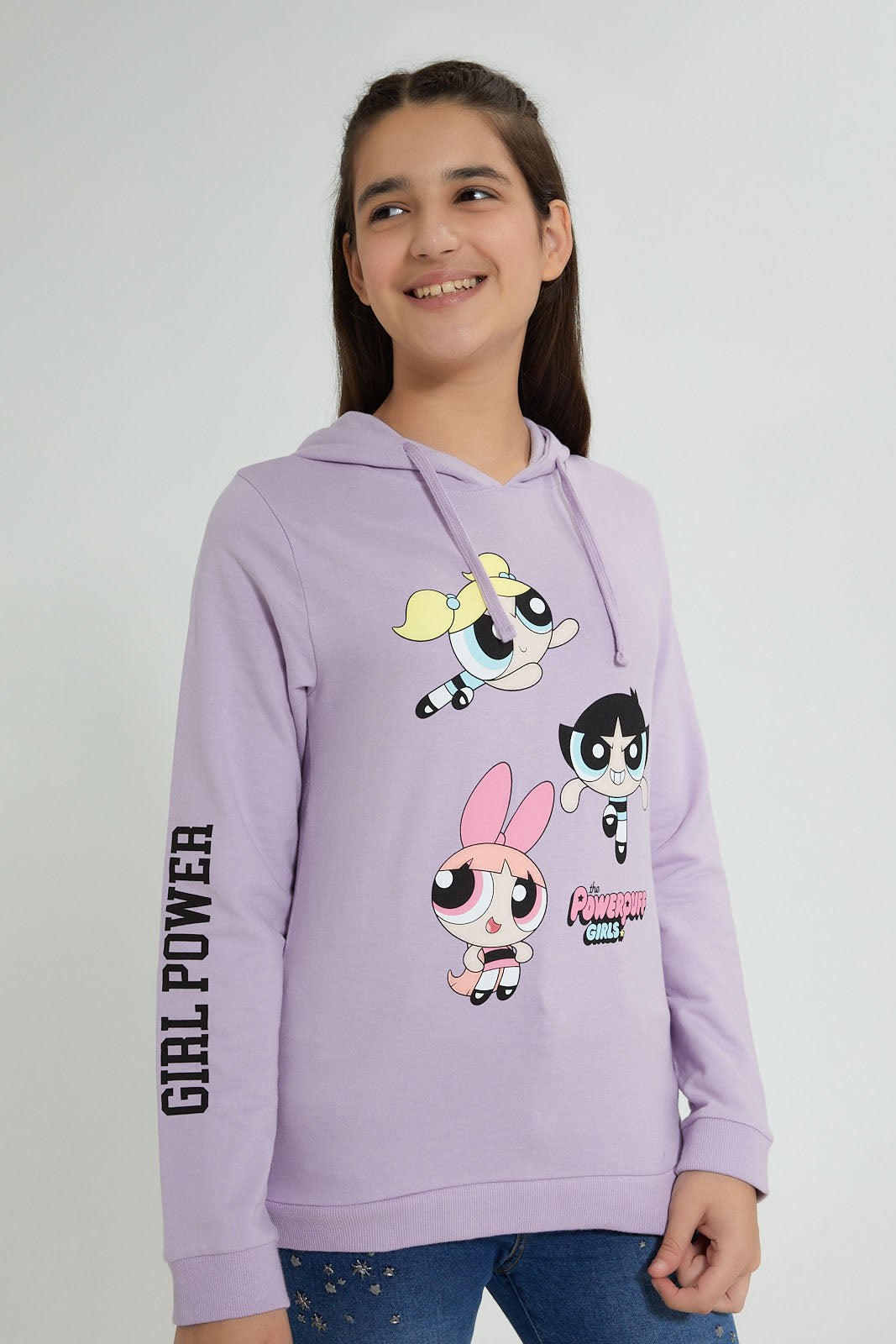 Redtag-Purple-Power-Puff-Girls-Hooded-Sweatshirt-Sweatshirts-Senior-Girls-9 to 14 Years
