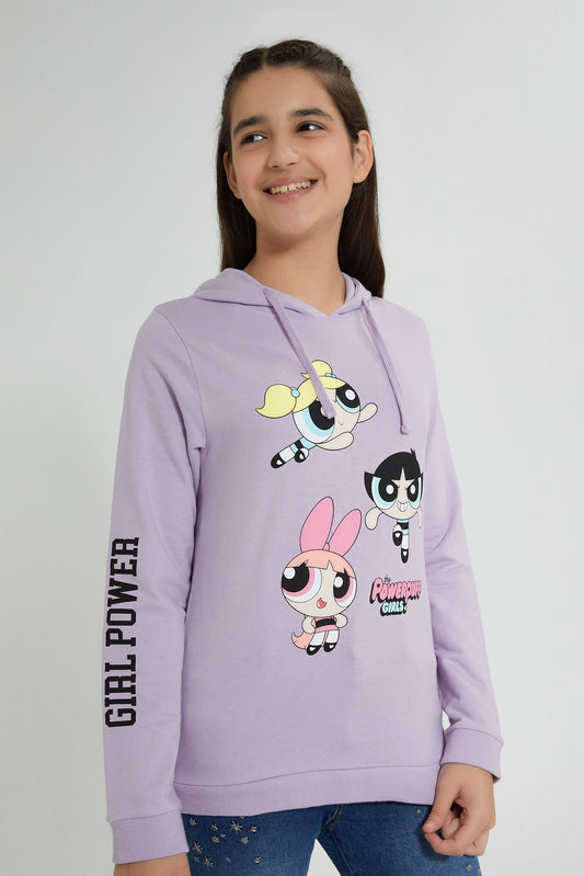 Redtag-Purple-Power-Puff-Girls-Hooded-Sweatshirt-Sweatshirts-Senior-Girls-9 to 14 Years