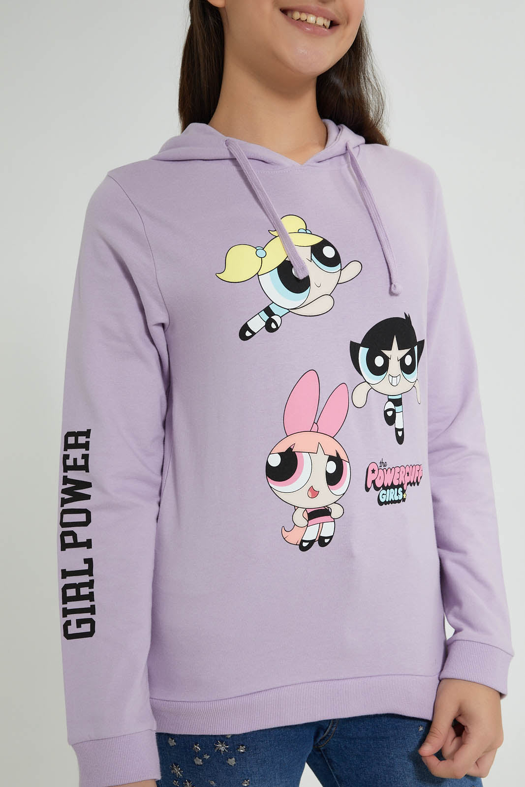 Redtag-Purple-Power-Puff-Girls-Hooded-Sweatshirt-Sweatshirts-Senior-Girls-9 to 14 Years