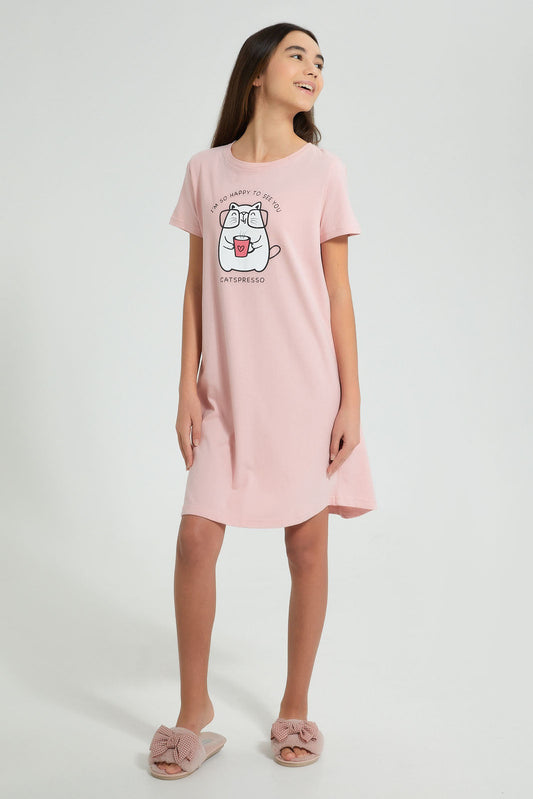 Redtag-Pink-Cat-Chest-Print-NighT-Shirt-Nightshirts-Senior-Girls-9 to 14 Years