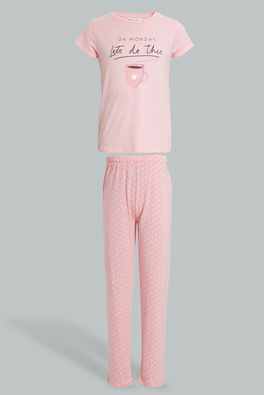 Redtag-Pink/Black-Tea-Chest-Print-Top-And-Pink/White-Overall-Star-Print-Pjset-Pyjama-Sets-Senior-Girls-9 to 14 Years