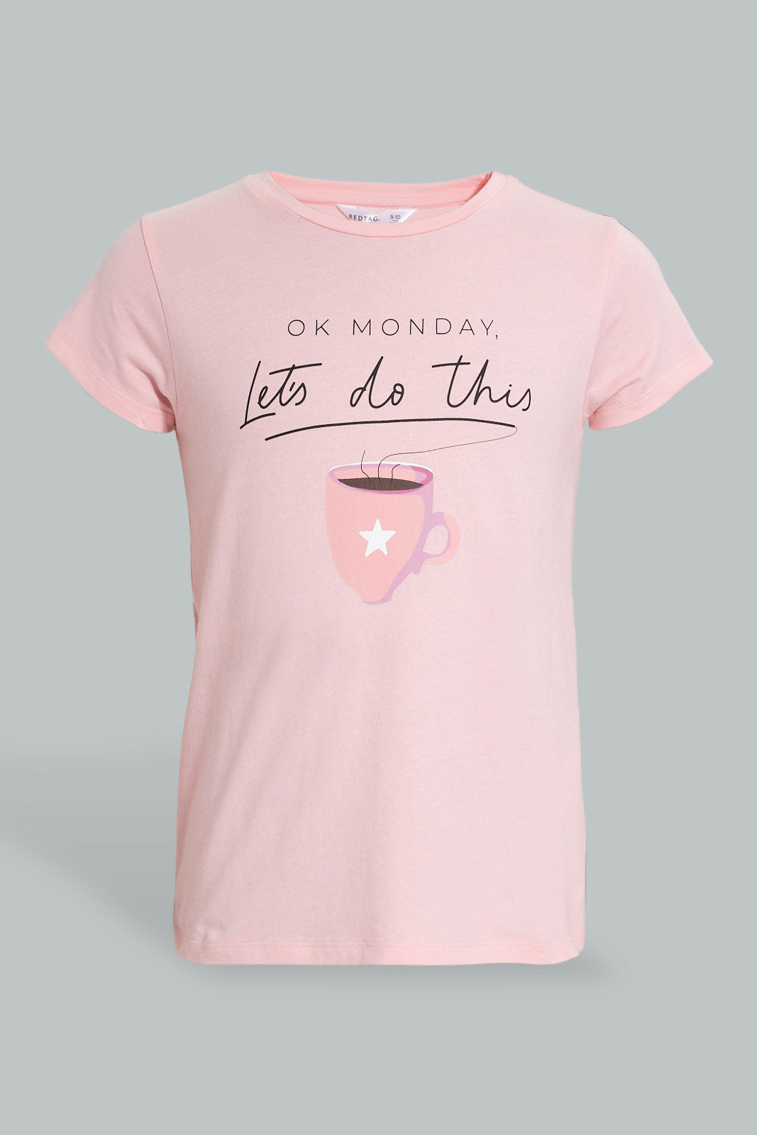 Redtag-Pink/Black-Tea-Chest-Print-Top-And-Pink/White-Overall-Star-Print-Pjset-Pyjama-Sets-Senior-Girls-9 to 14 Years