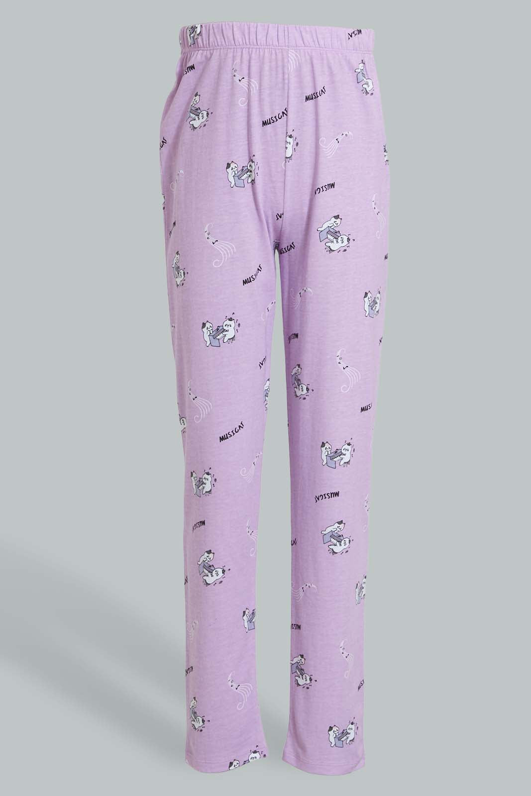 Redtag-Purple/Black-Cat-Chest-Print-Top-And-Purple/White-Overall-Print-Pjset-Pyjama-Sets-Senior-Girls-9 to 14 Years