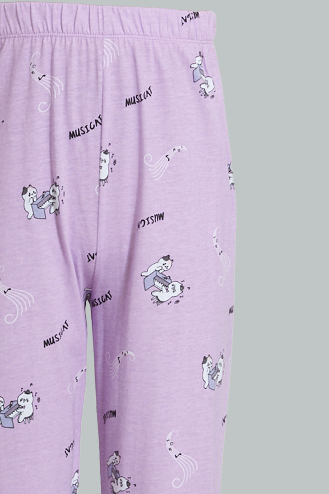 Redtag-Purple/Black-Cat-Chest-Print-Top-And-Purple/White-Overall-Print-Pjset-Pyjama-Sets-Senior-Girls-9 to 14 Years