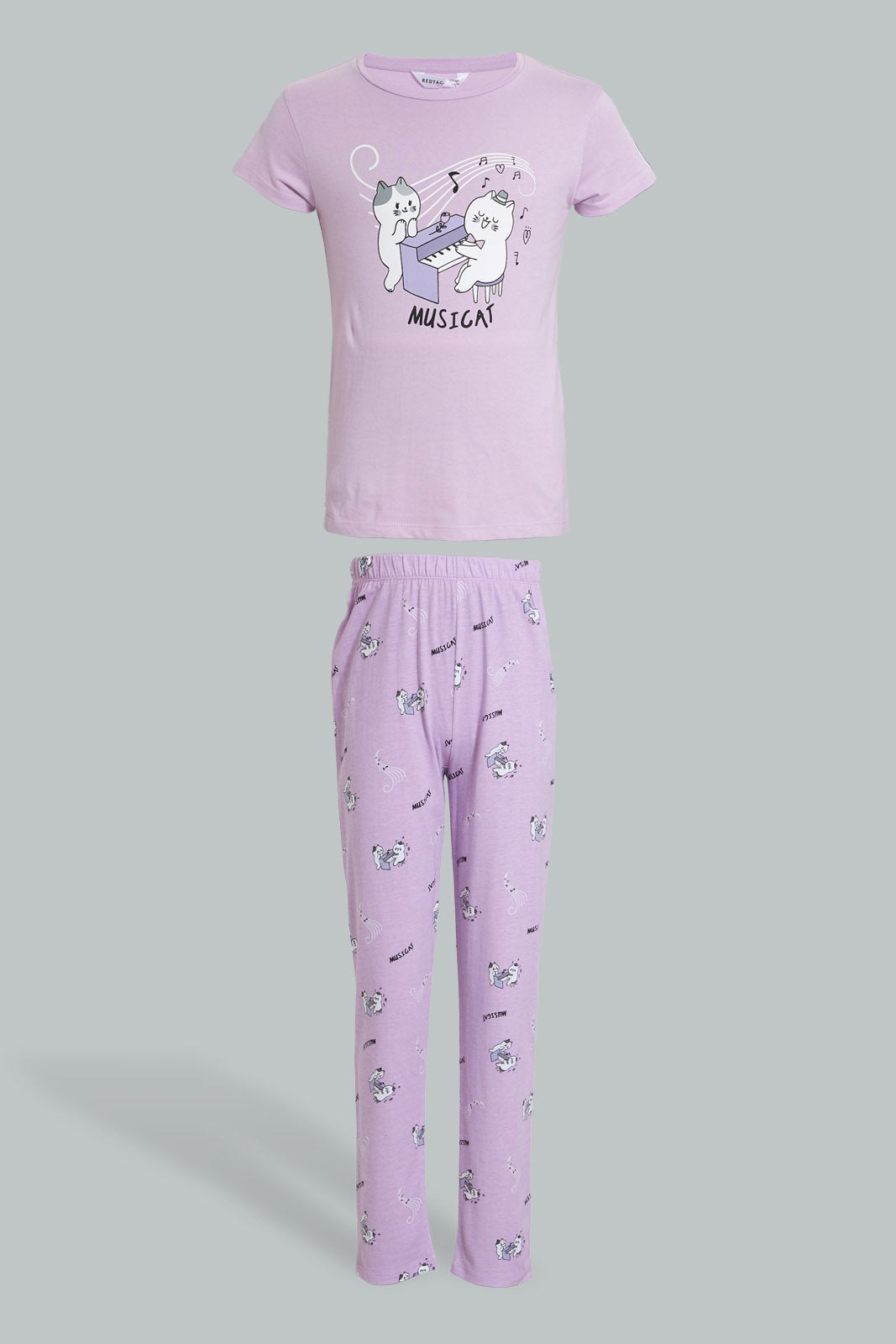 Redtag-Purple/Black-Cat-Chest-Print-Top-And-Purple/White-Overall-Print-Pjset-Pyjama-Sets-Senior-Girls-9 to 14 Years