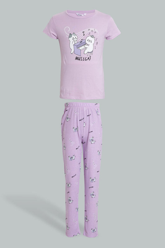 Redtag-Purple/Black-Cat-Chest-Print-Top-And-Purple/White-Overall-Print-Pjset-Pyjama-Sets-Senior-Girls-9 to 14 Years