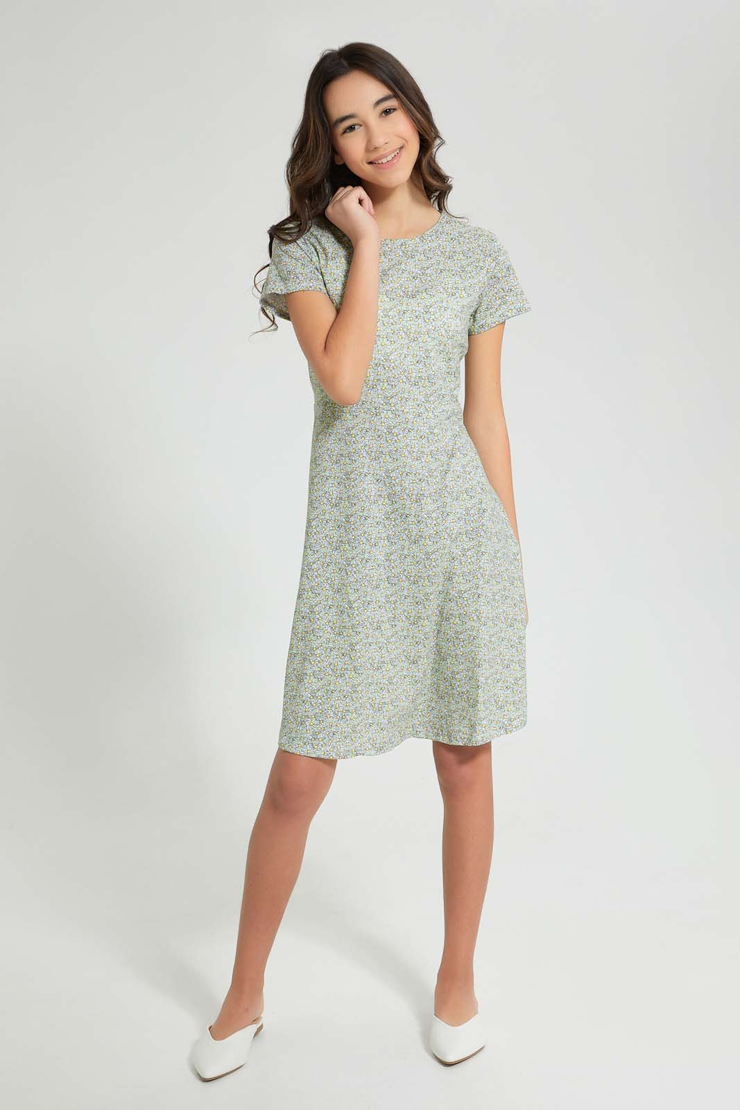Redtag-Green-Floral-Girls-Senior-Skater-Dress-Dresses-Senior-Girls-9 to 14 Years
