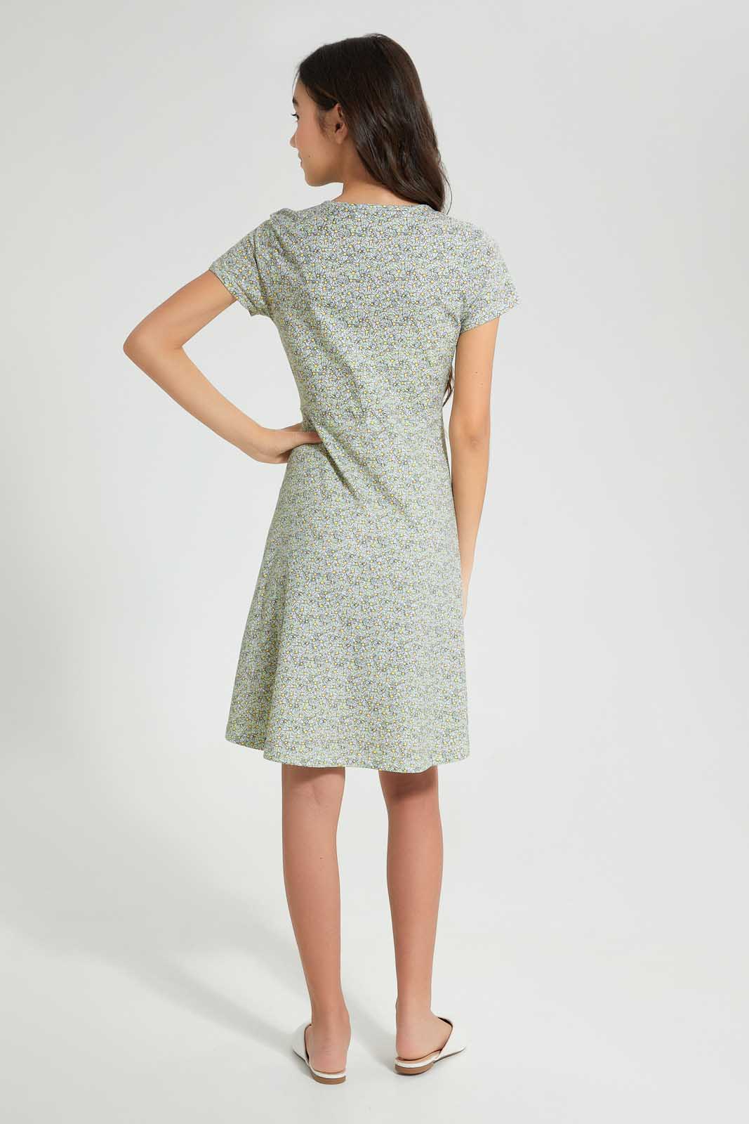 Redtag-Green-Floral-Girls-Senior-Skater-Dress-Dresses-Senior-Girls-9 to 14 Years