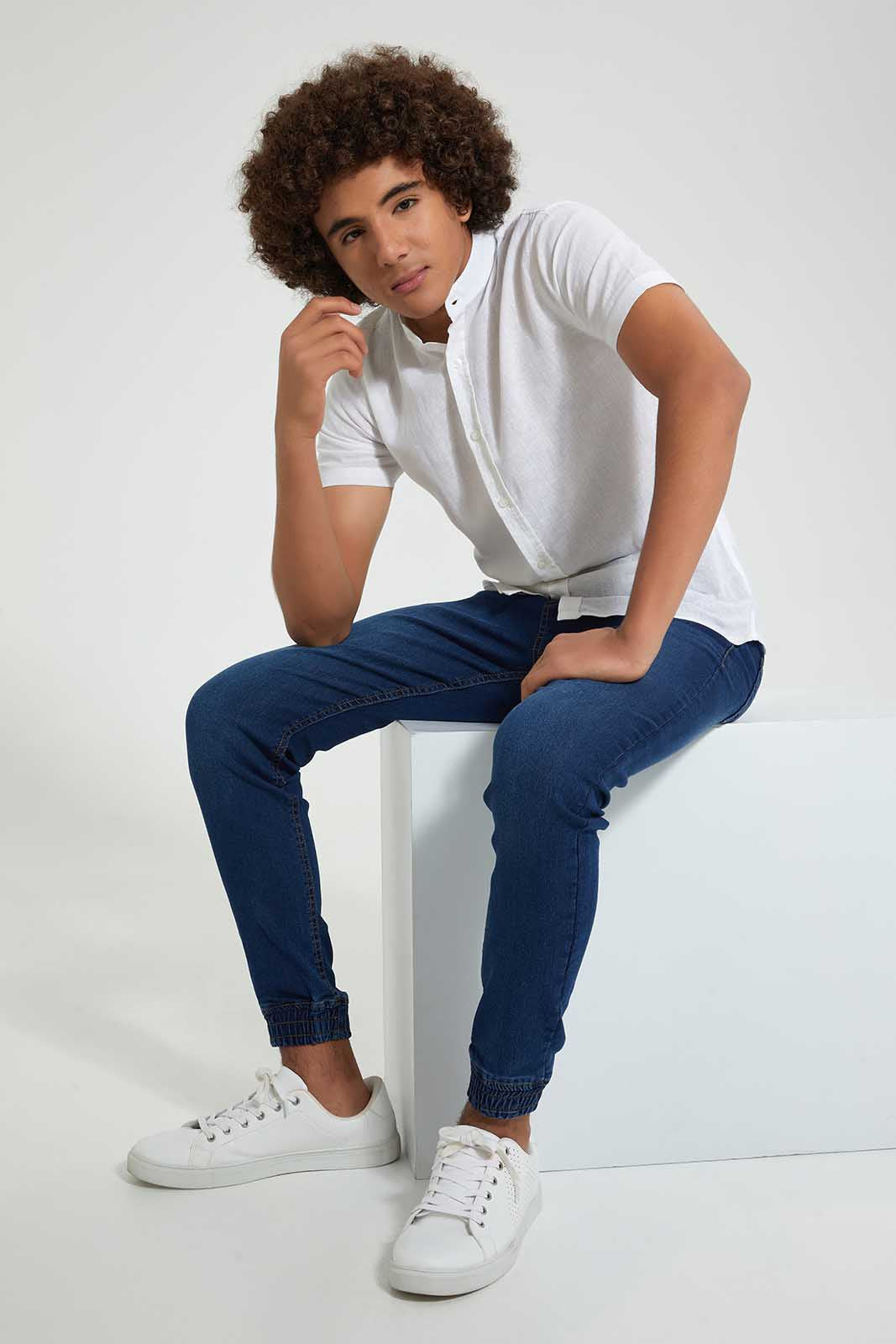 Redtag-Navy-Pull-On-Jeans-With-Waistband-Jeans-Regular-Fit-Senior-Boys-9 to 14 Years
