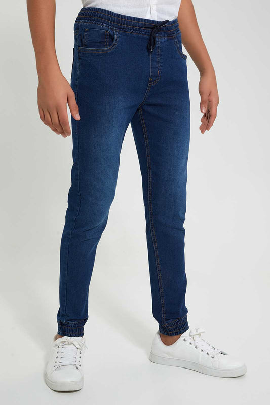 Redtag-Navy-Pull-On-Jeans-With-Waistband-Jeans-Regular-Fit-Senior-Boys-9 to 14 Years