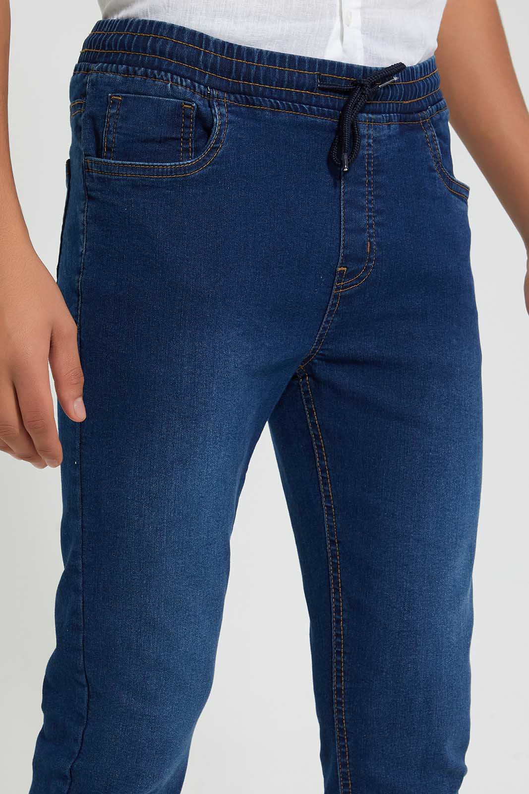 Redtag-Navy-Pull-On-Jeans-With-Waistband-Jeans-Regular-Fit-Senior-Boys-9 to 14 Years