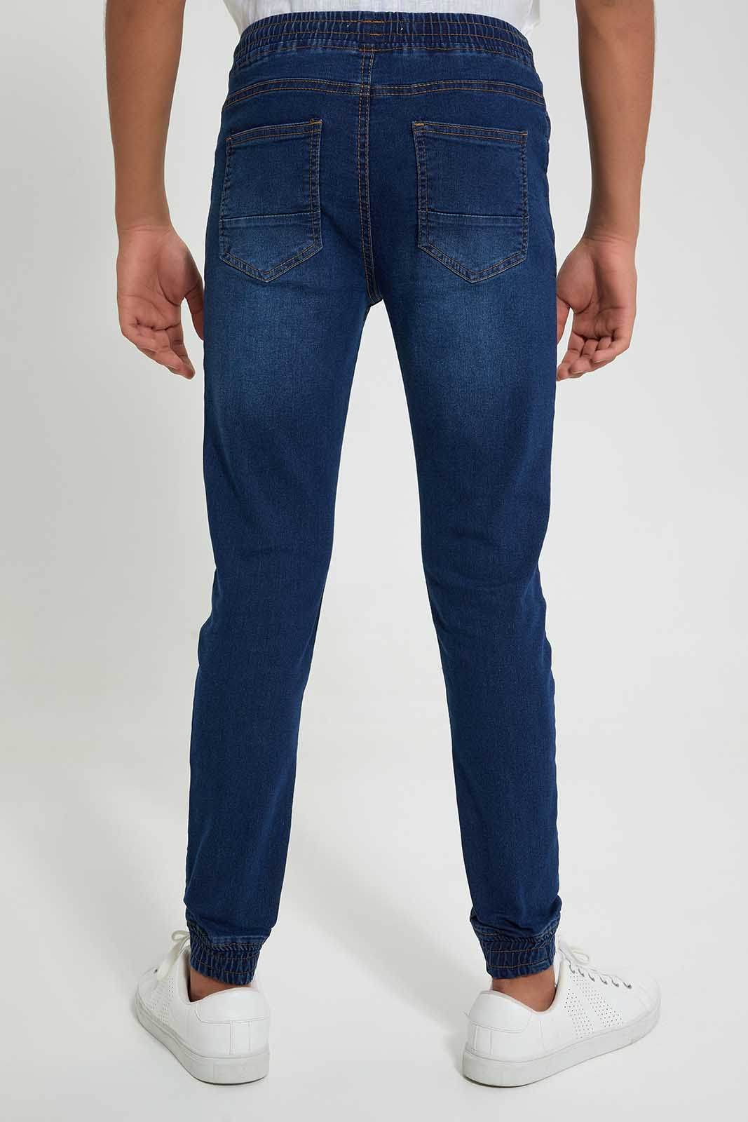 Redtag-Navy-Pull-On-Jeans-With-Waistband-Jeans-Regular-Fit-Senior-Boys-9 to 14 Years