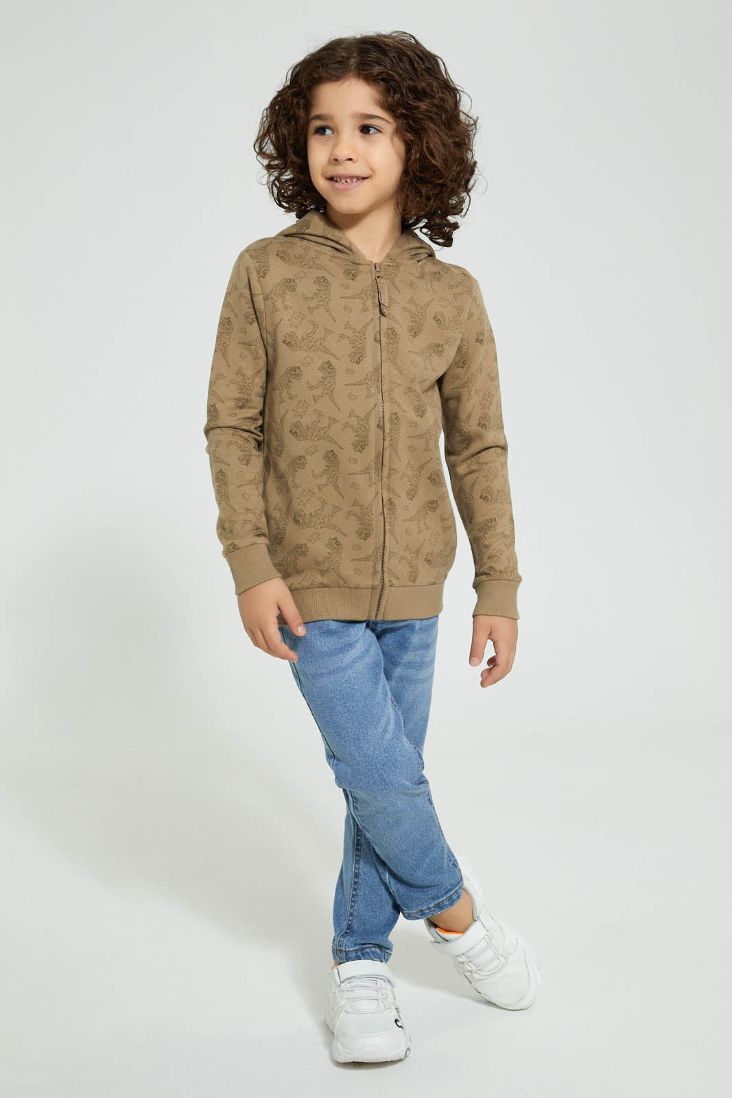 Redtag-Brown-Dino-Print-Hooded-Zip-Through-Sweat-Sweatshirts-Boys-2 to 8 Years