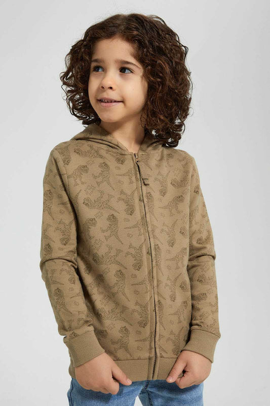 Redtag-Brown-Dino-Print-Hooded-Zip-Through-Sweat-Sweatshirts-Boys-2 to 8 Years