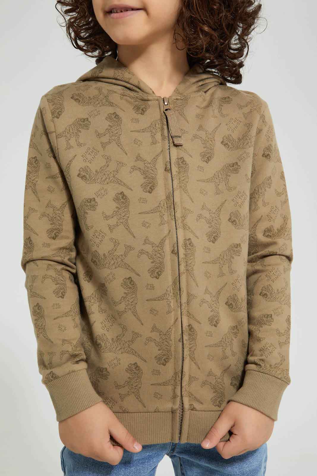 Redtag-Brown-Dino-Print-Hooded-Zip-Through-Sweat-Sweatshirts-Boys-2 to 8 Years