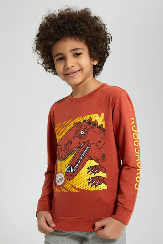 Redtag-Brown-Dino-Print-Crew-Neck-Sweatshirt-Sweatshirts-Boys-2 to 8 Years