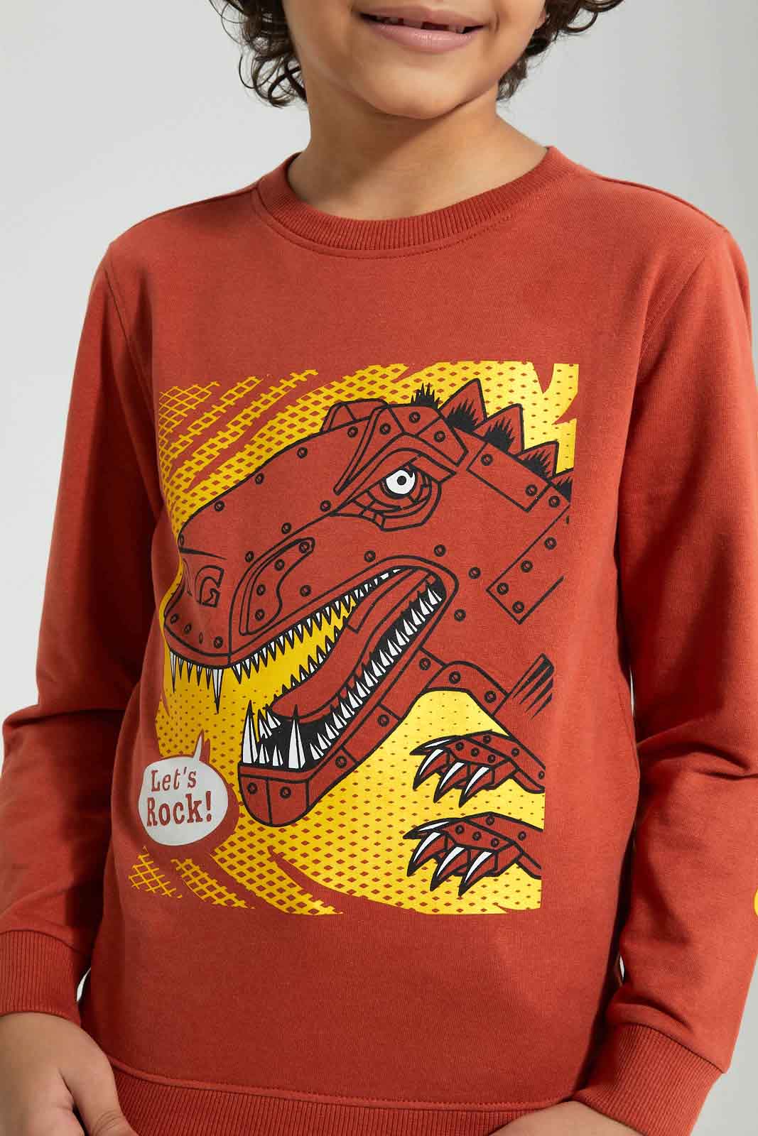 Redtag-Brown-Dino-Print-Crew-Neck-Sweatshirt-Sweatshirts-Boys-2 to 8 Years