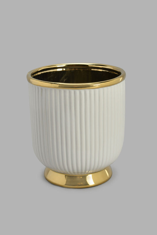 Redtag-White-Gold-Ribbed-Wide-Ceramic-Vase-Vase-Home-Decor-
