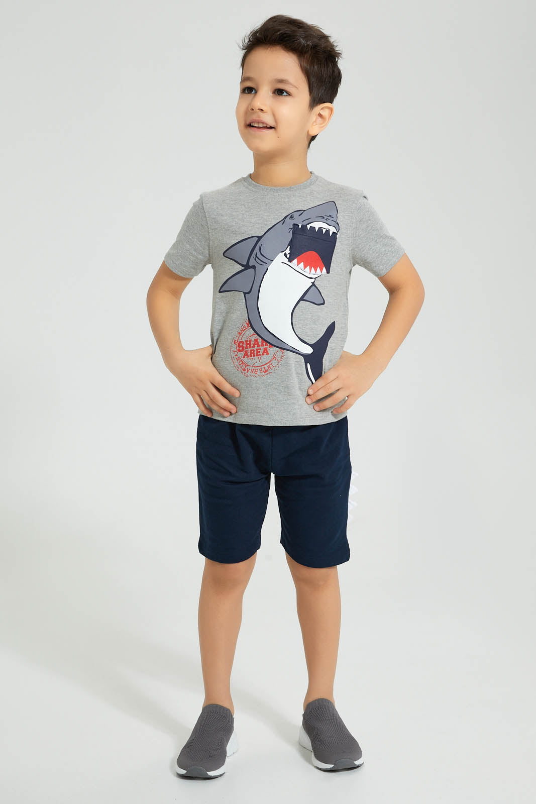 Redtag-Grey-Dino-Applique-Shorts-Set-Boys-Sets,-Colour:Grey,-Filter:Boys-(2-to-8-Yrs),-New-In,-New-In-BOY,-Non-Sale,-S22A,-Section:Kidswear-Boys-2 to 8 Years