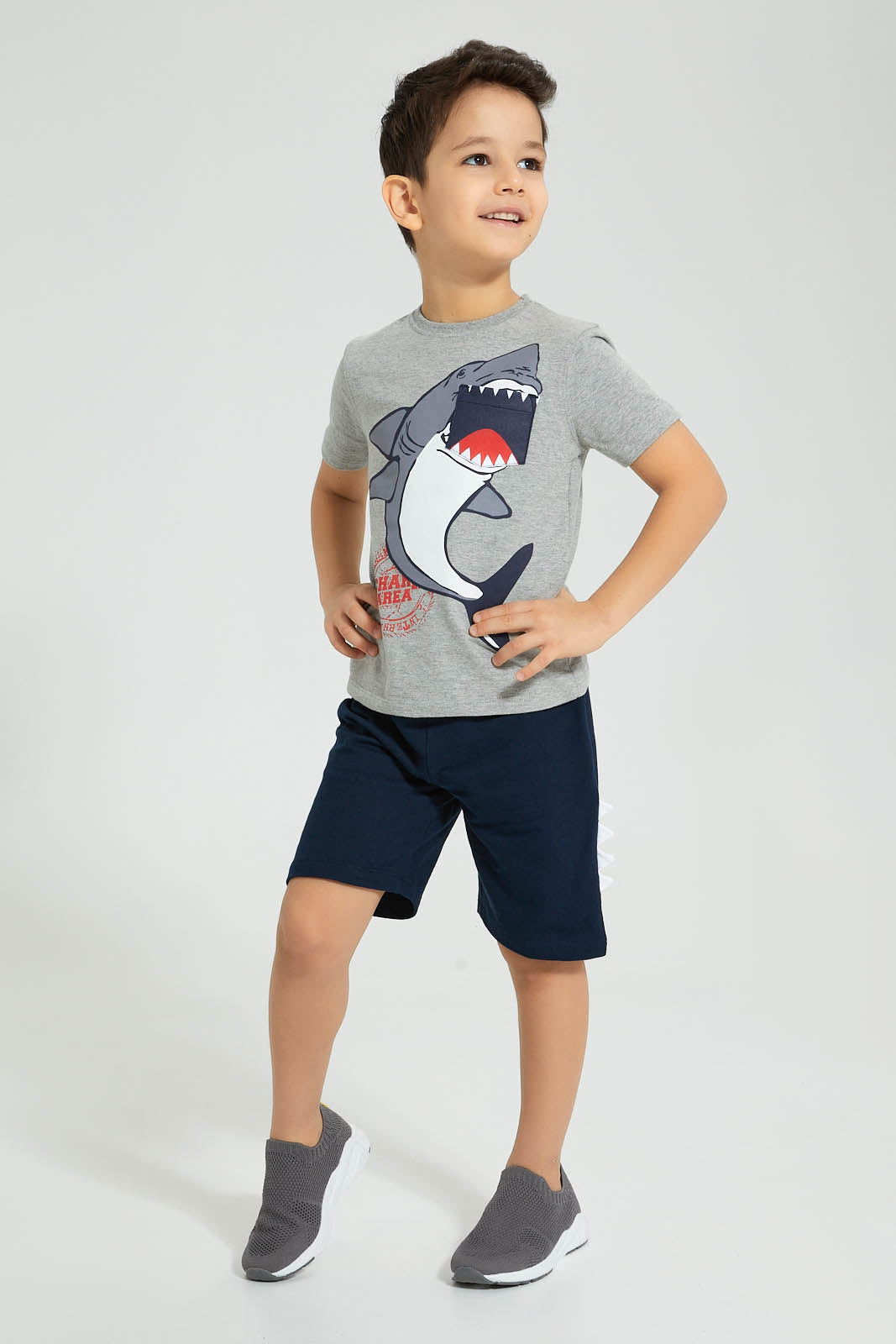 Redtag-Grey-Dino-Applique-Shorts-Set-Boys-Sets,-Colour:Grey,-Filter:Boys-(2-to-8-Yrs),-New-In,-New-In-BOY,-Non-Sale,-S22A,-Section:Kidswear-Boys-2 to 8 Years