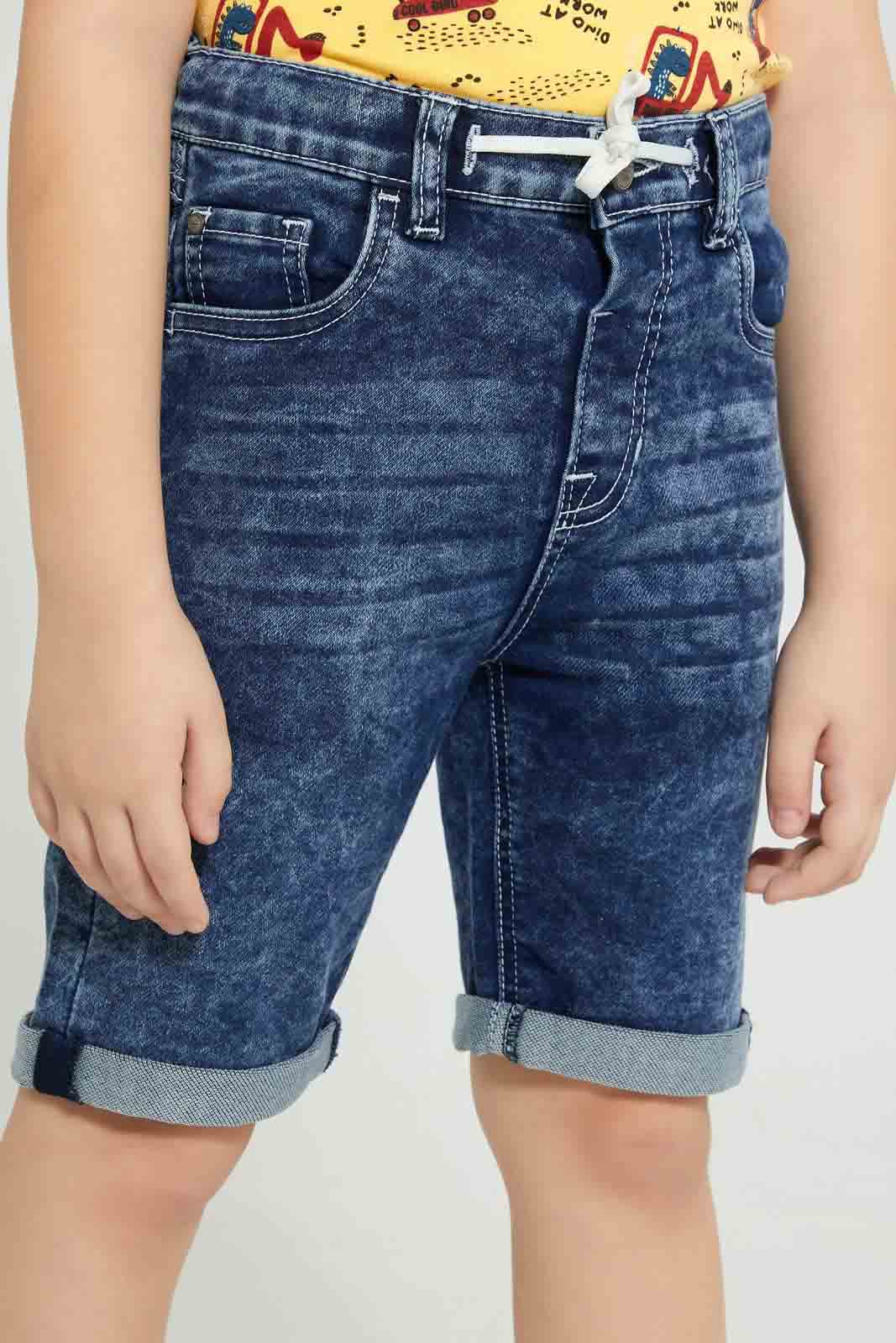 Redtag-Dark-Wash-Knit-Denim-5-Pocket-Short-With-Cord-Denim-Shorts-Boys-2 to 8 Years
