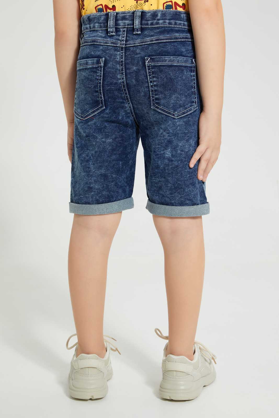 Redtag-Dark-Wash-Knit-Denim-5-Pocket-Short-With-Cord-Denim-Shorts-Boys-2 to 8 Years